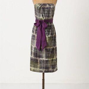 Anthropologie Strapless Purple-Sash Plaid Sheath Dress